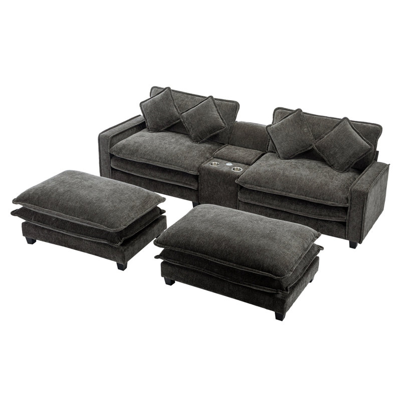 Canapé modulaire contemporain en chenille de 111 po avec deux repose-pieds amovibles, deux ports USB, deux porte-gobelets et une grande boîte de rangement