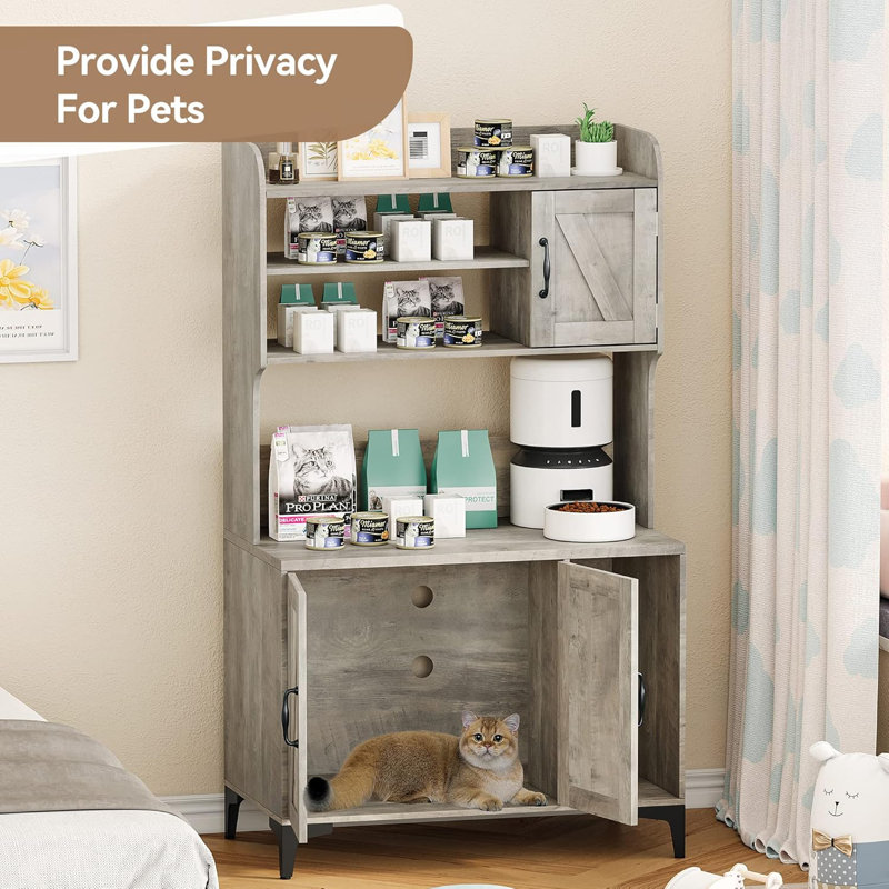 Grey Wood Freestanding Cat Litter Box Enclosure with Shelves