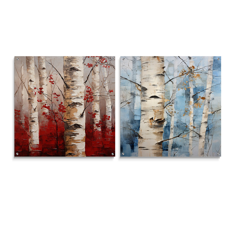 Bois de bouleau blanc et rouge en hiver V - ensemble de 2 peintures murales en acrylique, H 30 po x l 61 po