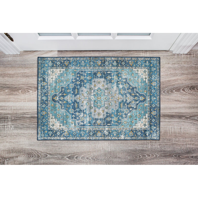 Ducote Washable Teal and Ivory Machine Woven Area Rug, Rectangle 2' x 3'