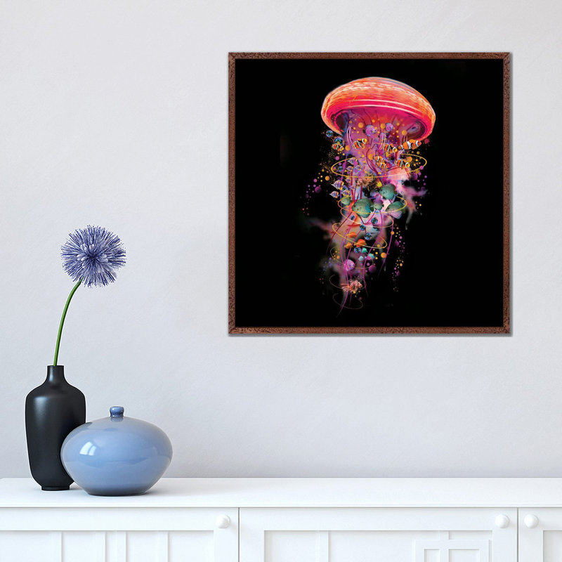 Electric Jellyfish World In Red by David Loblaw - Print on Canvas, Classic Brown Wood Framed, 45.72 cm H x 45.72 cm W