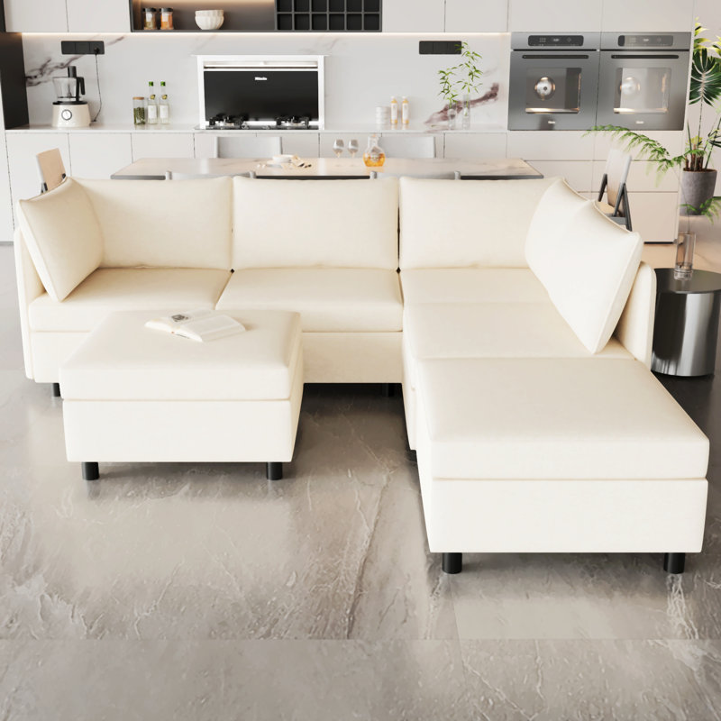 Canapé modulaire, Tissu beige, H 32 po x l 68 po x P 93,5 po