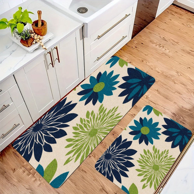 Bold Floral, 2 Pcs Non Slip Kitchen Mats, Green Floral