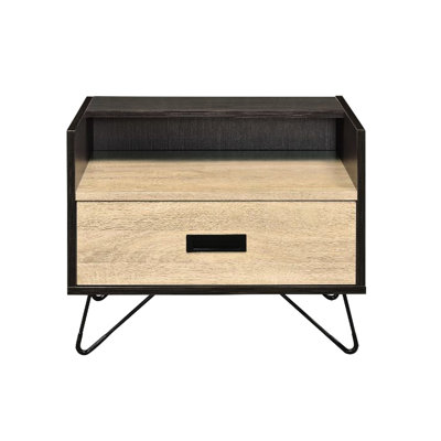 Table de chevet moderne avec 1 tiroir et tablette ouverte, chêne noir, pieds en métal, transformez votre chambre à coucher, espace de rangement en chêne, pattes