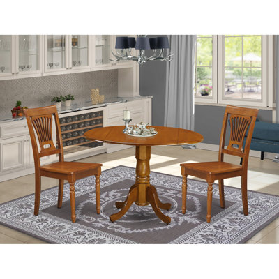 3 Piece Dining Table Set for Small Spaces Contains a Round Dining Room Table with Dropleaf and 2 Wood Seat Chairs, Saddle Brown