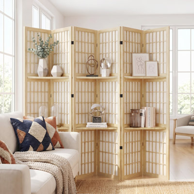 Paravent 6 panneaux de style japonais avec tablettes - couleur bois