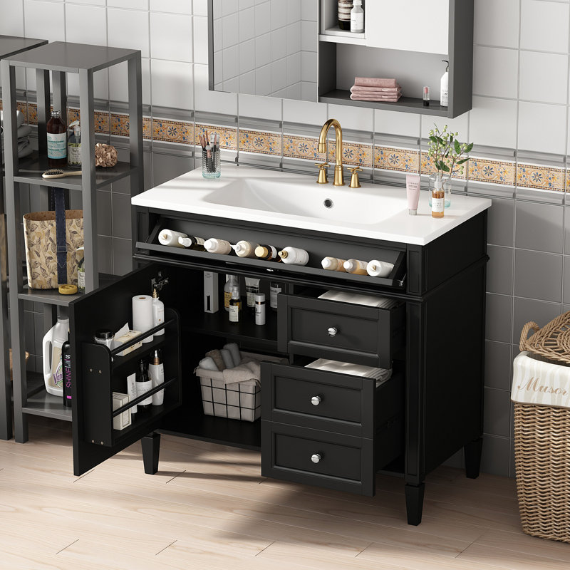 Meuble-lavabo de 36 po avec lavabo supérieur, meuble-lavabo moderne avec 2 tiroirs et tiroir escamotable, meuble-lavabo simple
