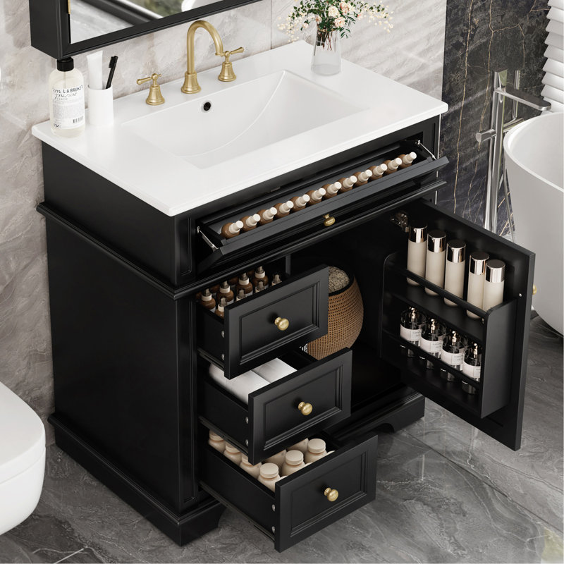 Meuble-lavabo de 30 po avec lavabo, un tiroir basculant, trois tiroirs, tablette de porte, porte à fermeture douce, noir