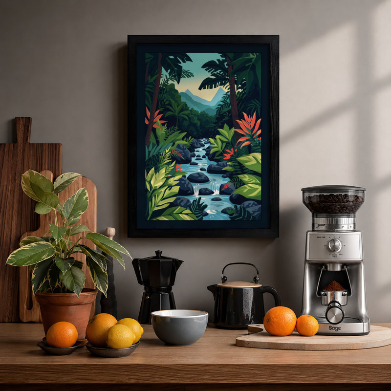 Mountain Beyond Jungle Tropical - Framed Print, A2 - 59.4 x 42.0 cm, Black