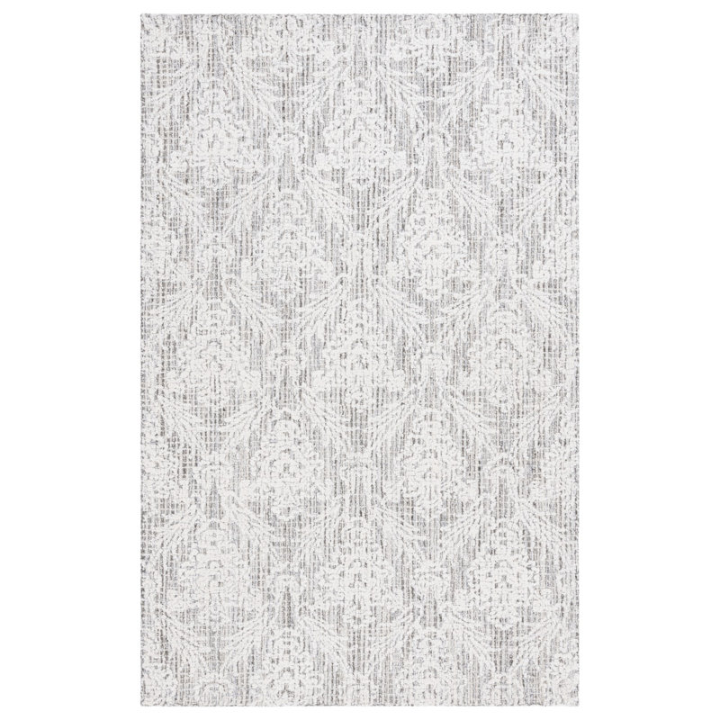 Chaffinch Hand Tufted Wool Cotton Pet Damask Rug in Ivory/Gray, Rectangle 4' x 6'