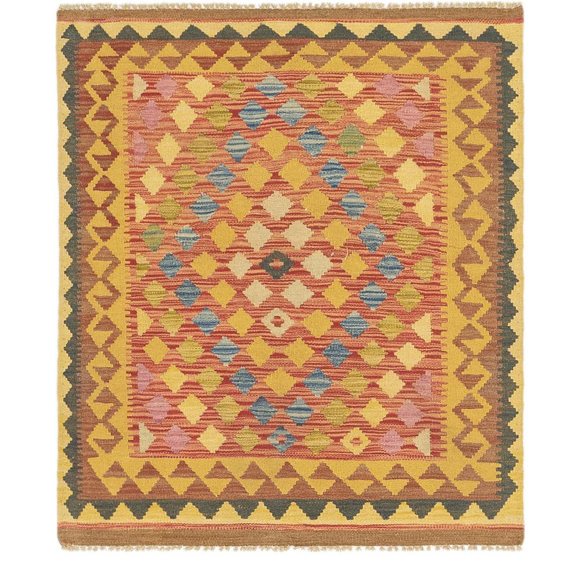 Tapis de zone en laine rouge/jaune 2 po x 3 pi 8 po à la main one-of-kind noué la Lorain