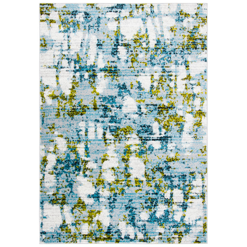 Tapis bleu sarcelle / vert / blanc Hollman, Rectangle 8 pi x 10 pi