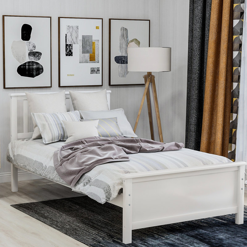 Twin Size White Platform Bed With Headboard, And Build Headboard Solid Wood Foundation