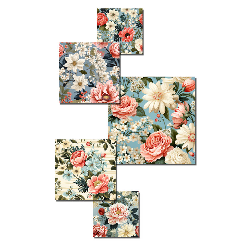 Jardin floral rose Serenade Beauty I - ensemble de 5 décorations murales florales