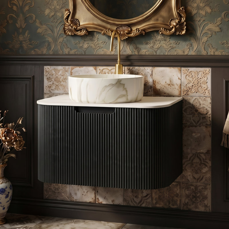 Wall Mounted Single Vanity Bathroom Vanity With Solid Surface Top, Black