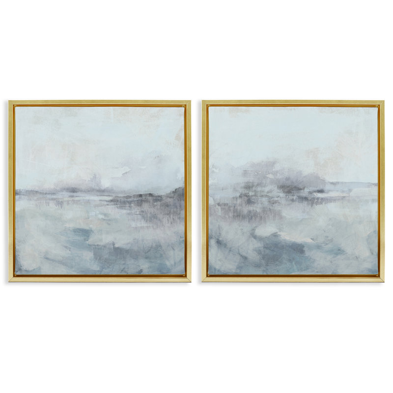 Ensemble de 2 cadres flottants Misty Horizon View, design par June Erica Vess, Cadre flottant métallique doré