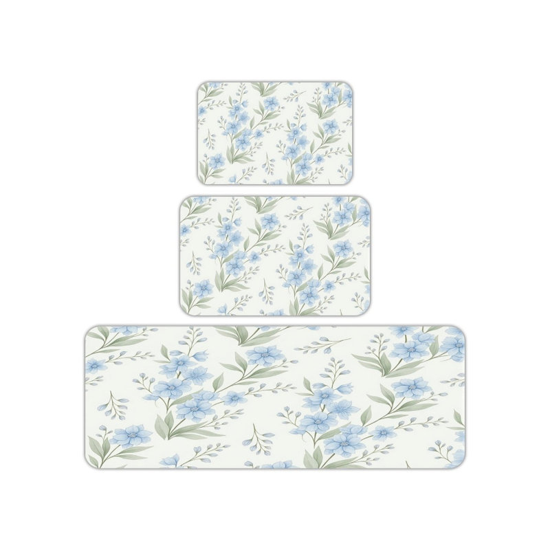 Floral Kitchen Rug Set 3 Piece for Floor,Light Blue
