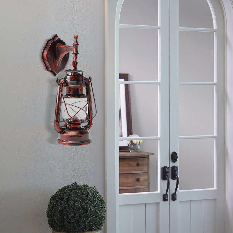 7.08x7.08x11.02inch Retro Antique Vintage Rustic Lantern Lamp Wall Sconce Light Fixture, Red Bronze