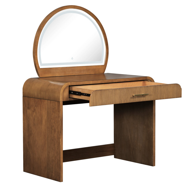 39" Makeup Vanity With Lighted Mirror And Drawer, Curved Corners Elegant Design, Storage For Beauty Essentials, Into Desk, Construction Dressing Table Led Design Wavy Drawer Texture, Ample Cosmetics,