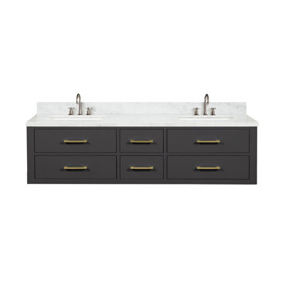 Meuble-lavabo double noir 72 po X P 22 po D, dessus en marbre de Carrare et ensemble de robinet