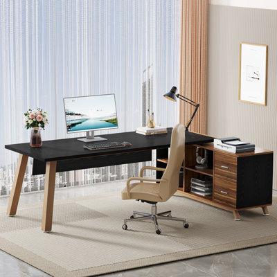 71" W L-Shaped Desk with Drawers and File Cabinet, Modern Executive Office Desk