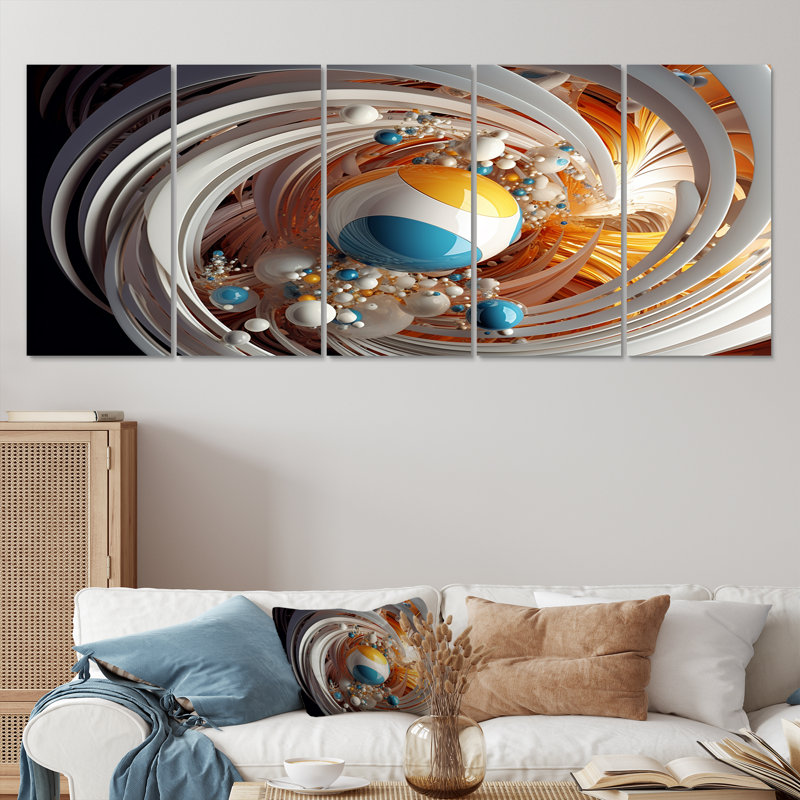 «Distant Galaxy Turquoise White - Abstract Spirals», ensemble d'art mural 5 pièces, H 28 po x l 60 po