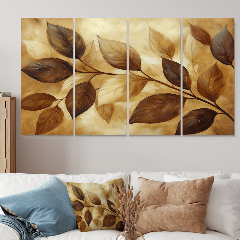 Chocolat brun feuilles de cenery I - art mural brun - décoration murale traditionnelle, 4, H 28 po x l 48 po