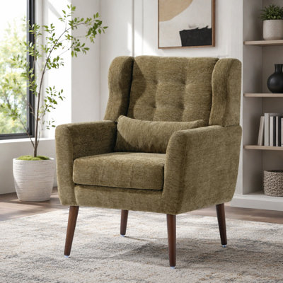 Fauteuil d'appoint en chenille vert olive avec coussin lombaire