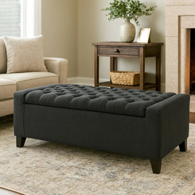 Banc de rangement avec repose-pieds, tissu gris foncé, dessus capitonné, 51 po