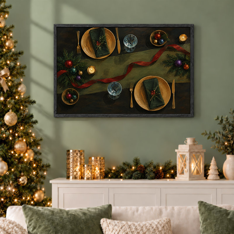 Décoration de table des fêtes avec chemin de table vert et toile de Noël rouge, 32"H x 48"W