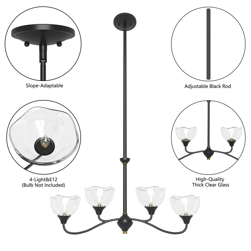 4-Light Linear Dimmable Chandelier, Matte Black