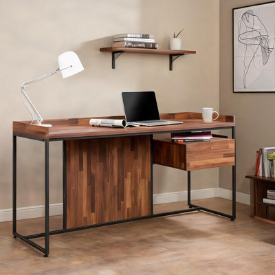 Walnut Finish Wood and Matte Black Metal Writing Desk with Drawer for Home Office