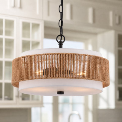 Luminaire à 2 lumières de 16 po Abbotsford Luminaire suspendu large tambour moderne Mid-Century noir mat avec abat-jour en rotin lin et papier blanc, convertible en plafonnier semi-encastré