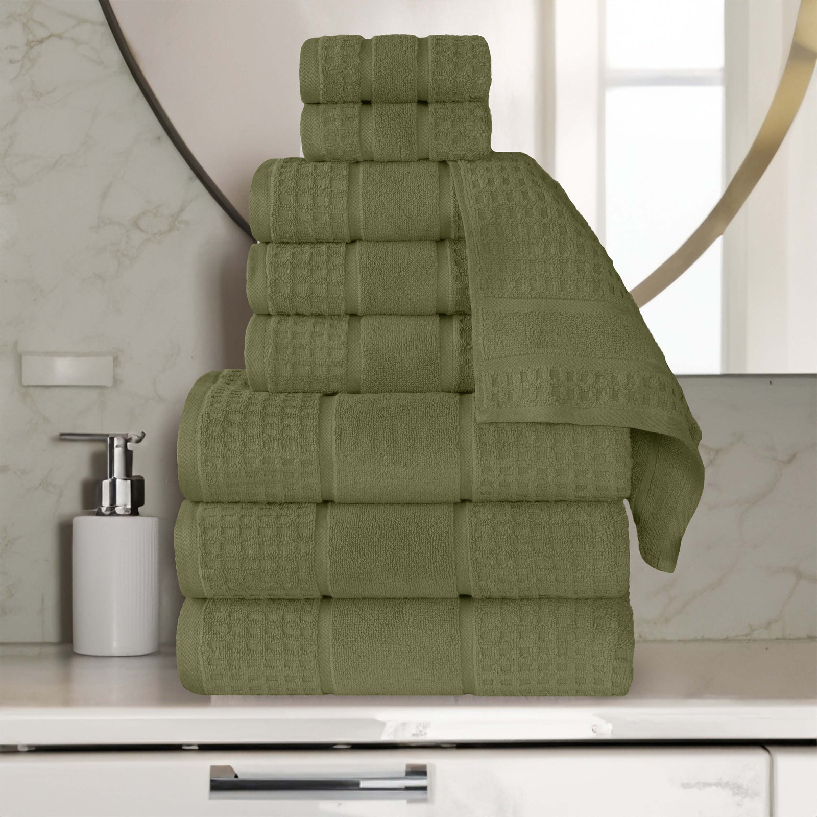 Hisela Zero Twist Cotton Solid Waffle Honeycomb Plush Soft Absorbent Medium Weight Assorted Towel Set, Forest Green