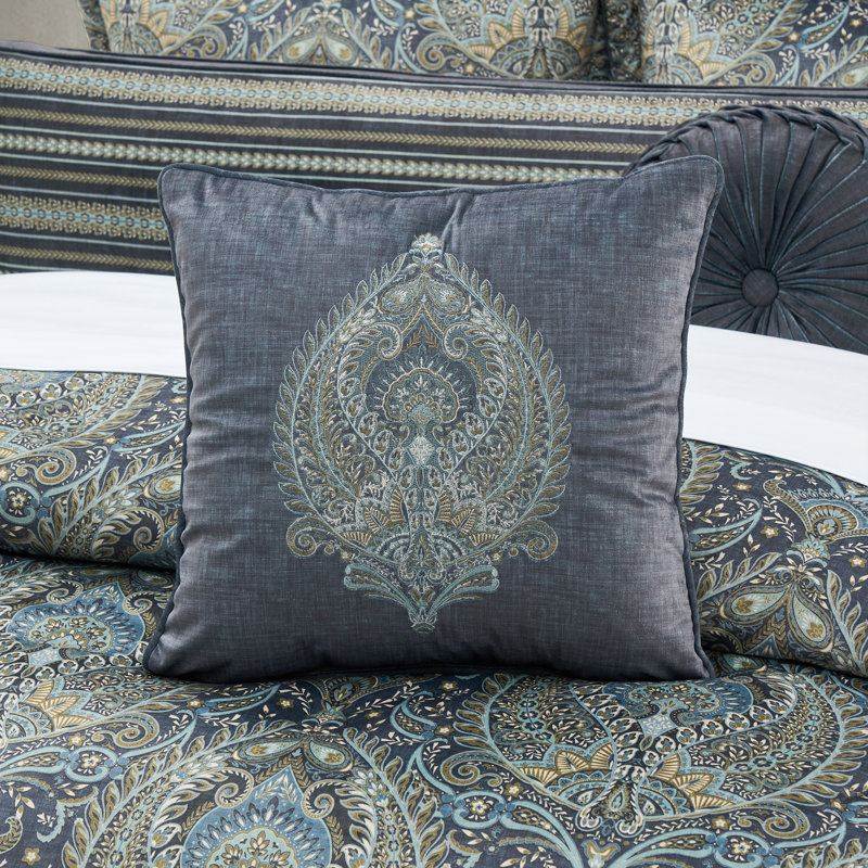 DESTINY 18" SQUARE EMBELLISHED DECORATIVE THROW PILLOW, Blue Damask 3, Square 18"
