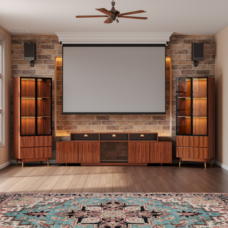 Mid-century Modern Living-Room-Furniture-Sets, Brown Home Theater Entertainment Center With Drawers And Storages For 100 Inch TV, Retro Wood Walnut Finish Expandable TV Stand And 2 Glass Display Cabinet Set Media Console For Living Room