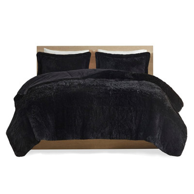 King/ King Comforter Mini - Shaggy Long Fur Design , Soft Black Reverse 2 Shams Included With Filling Modern Bedroom Decor