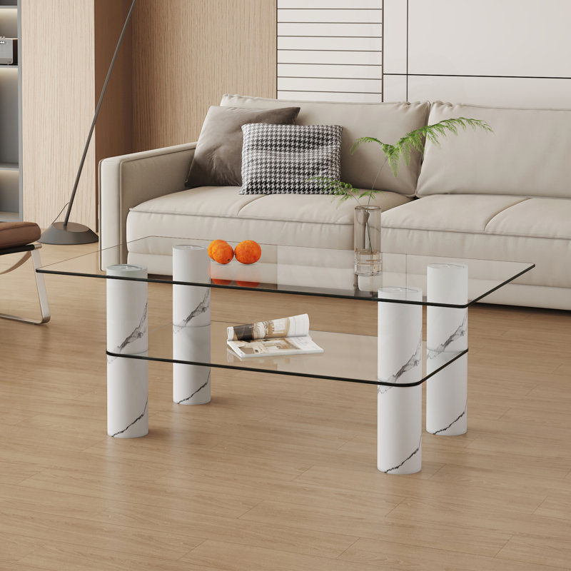 Moderne minimaliste moderne en verre trempé transparent à deux couches Maelynn et Maelynn, jumelé à des colonnes décoratives en panneau de fibres à densité moyenne blanches. Bureau d'ordinateur. Table de jeu