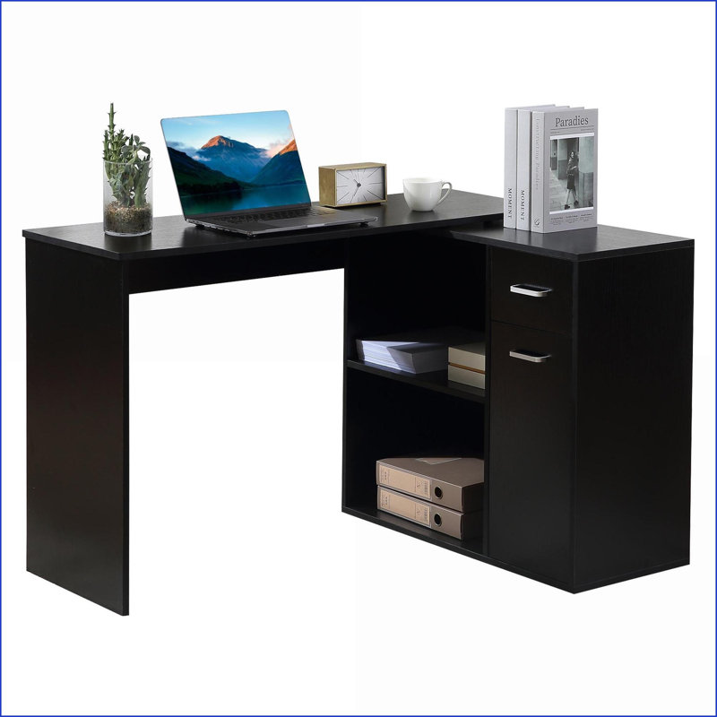 Bureau, bureau en L pivotant à 180 ° avec rangement | Noir | Panneau de particules P2