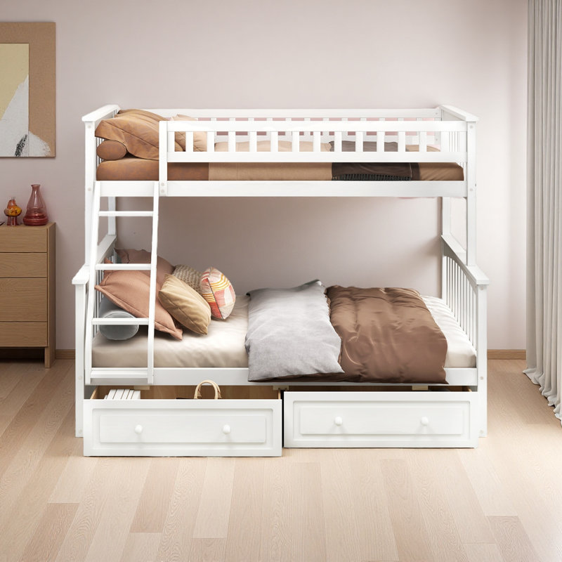 Lit simple superposé au dessus d'un lit double avec tiroirs, lits convertibles, Blanc