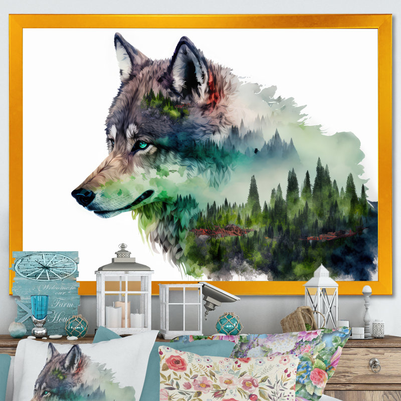 Double exposition d'un loup avec un paysage de forêt - loup, H 24 po x l 32 po x P 1 po, Impression dorée sur toile encadrée