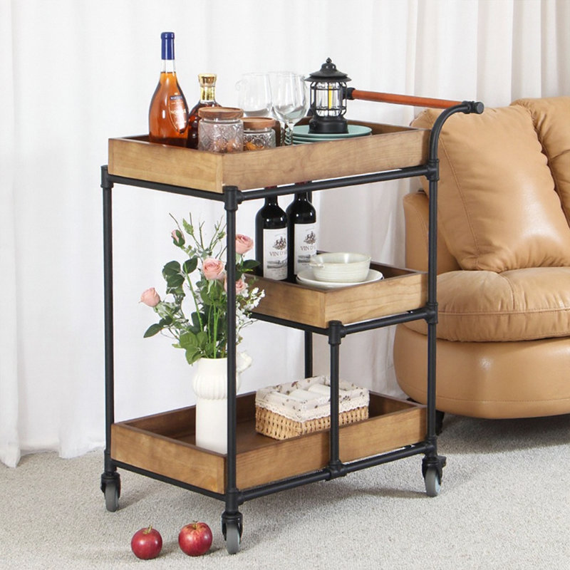 34.65" Iron & Solid Wood Rolling Serving Cart, Multi-Tier Storage Trolley, Vintage Side Table for Wine & Tea Display