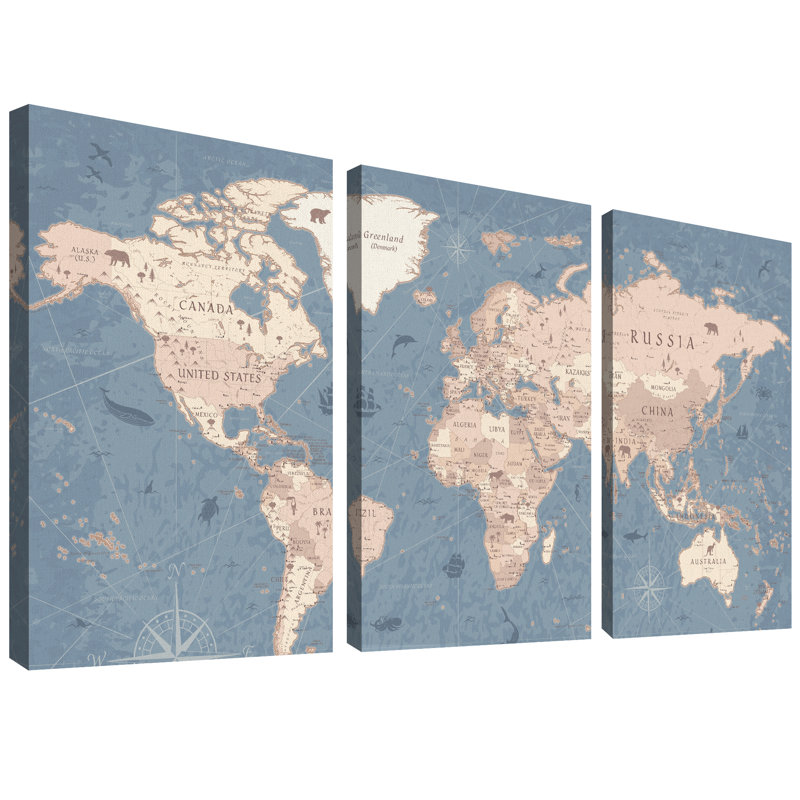 World Map "Blue Global Antique Atlas Map Artwork, Modern Organic Office Decor Wall Pictures, Framed Canvas Giclée Print 3 Pieces Wall Art"