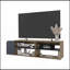Meuble télé moderne, console de divertissement avec tablettes ouvertes, bleu marine et chêne naturel