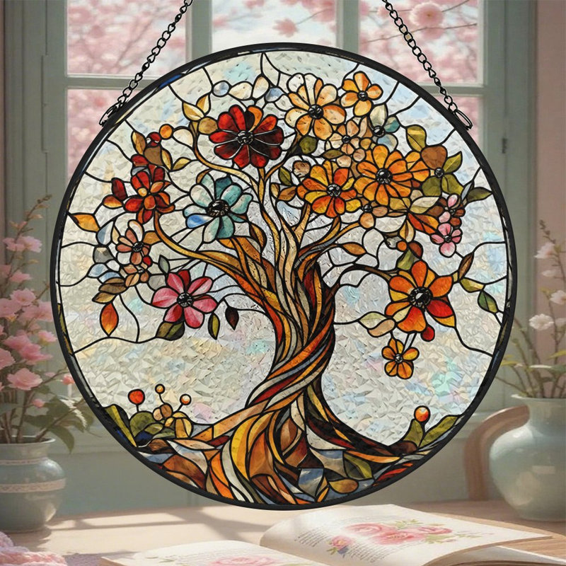 Vitrail arbre de vie vitrail pour fenêtre, 3,5 x 3,5 po (9 x 9 cm)