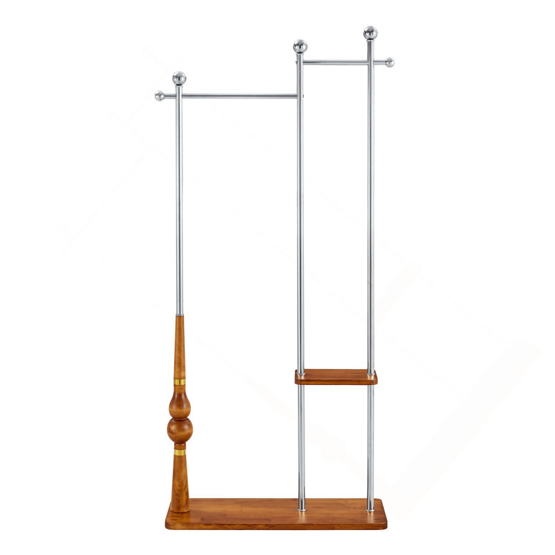 70" Industrial Coat Rack, Solid Wood & Silver Stainless Steel Clothing Rack, Double Layer Hanger For Coats, Hats, Bags, Shoes, Vintage Wood Grain (34.6" Wide)