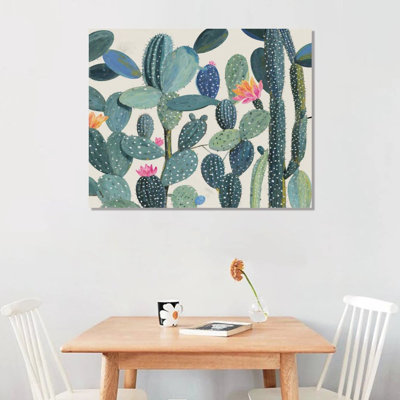 Motif de cactus bleu sarcelle, cadre en bois intégré, art mural bohème désertique, 16 x 20