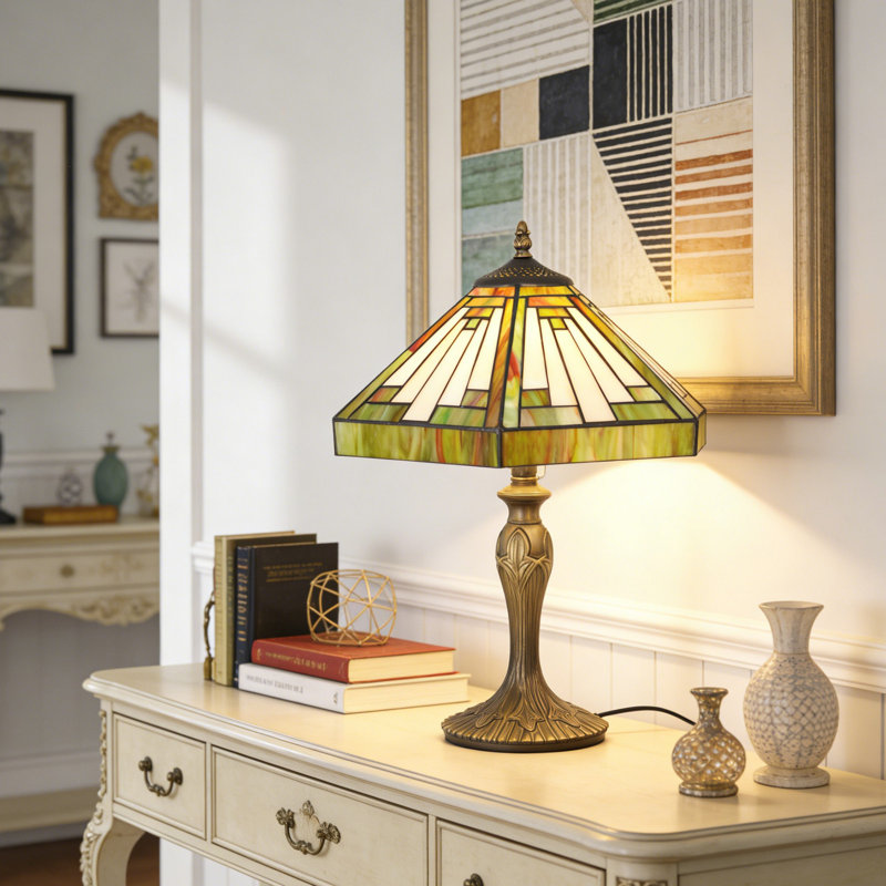 15" Polygonal Tiffany Table Lamp For Bedroom Living Room