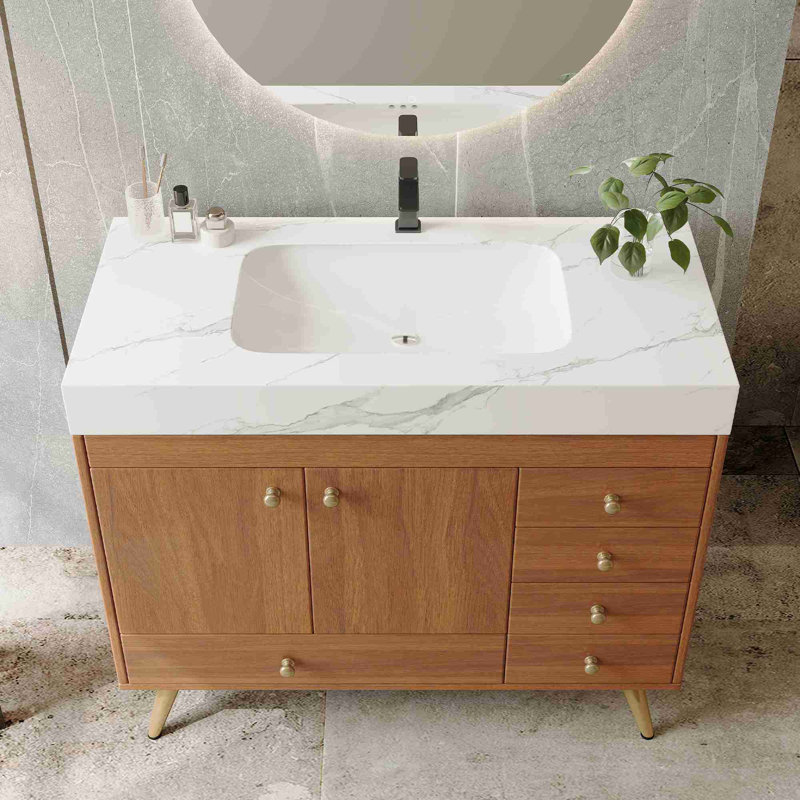 Meuble-lavabo de salle de bain avec lavabo en céramique, Noyer, Blanc