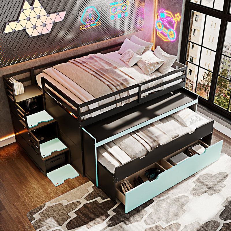 Lit mezzanine multifonctionnel avec bureau coulissant et lit gigogne, Noir + bleu, Double XL